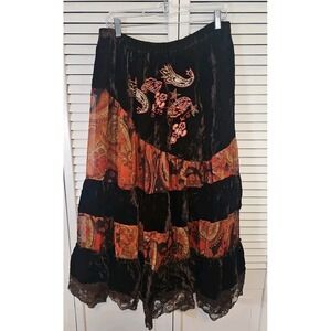 Vintage Gordon James Boho Crinkle Maxi Skirt Women XL Orange & Brown Paisley